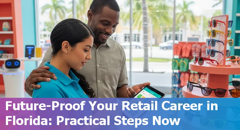 Retail worker helping customer while AI checkout and robots operate in a Miami store