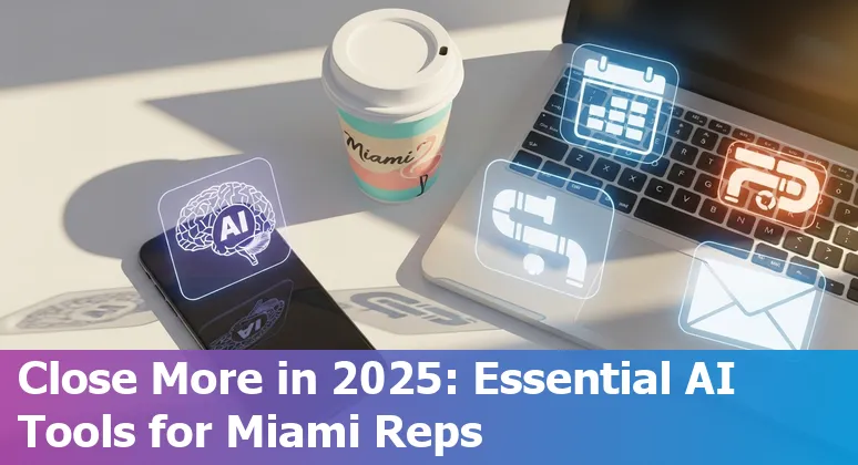 Miami sales team using AI tools on laptops with Miami skyline in the background