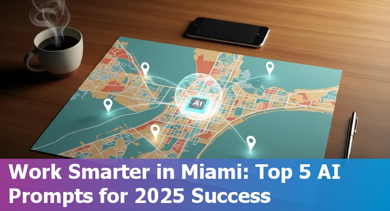 Sales professional in Miami using AI prompts on a laptop overlooking the city skyline.
