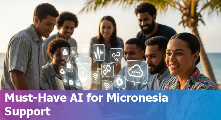Customer service agent using an AI chatbot on a laptop with the Micronesia flag in the background