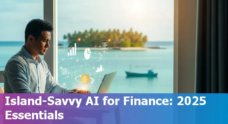 Illustration of AI-powered finance tools over a map of Micronesia with icons for forecasting, payments, bookkeeping and security.