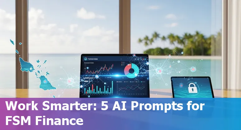 Finance professional using AI prompts on a laptop with Micronesia flag in the background