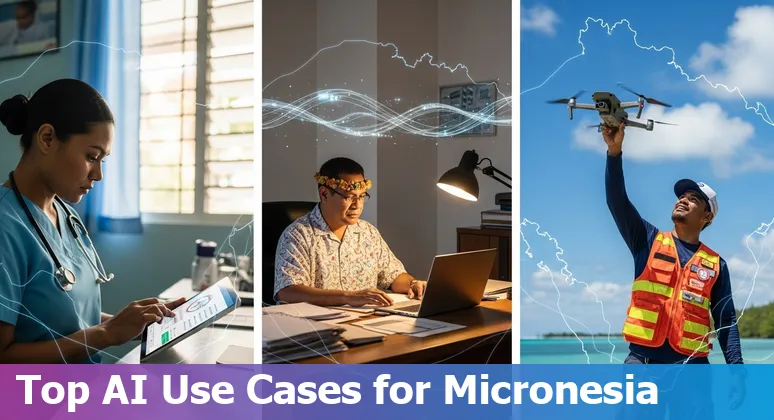Map of the Federated States of Micronesia with icons for cyclone, fish, clinic, chatbot and infrastructure representing AI use cases.