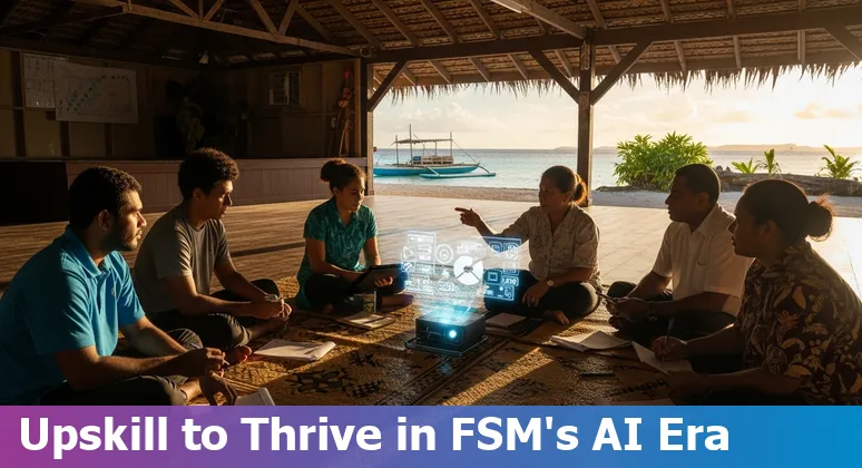 FSM government staff at a service counter with AI automation icons and language books representing retraining and local languages