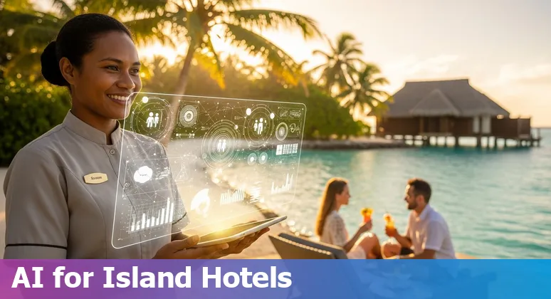 Hotel staff and guests on a Micronesia island beach with AI icons overlay, showing local hospitality technology