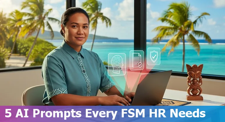 HR professional using AI prompts on a laptop with a map of the Federated States of Micronesia in the background