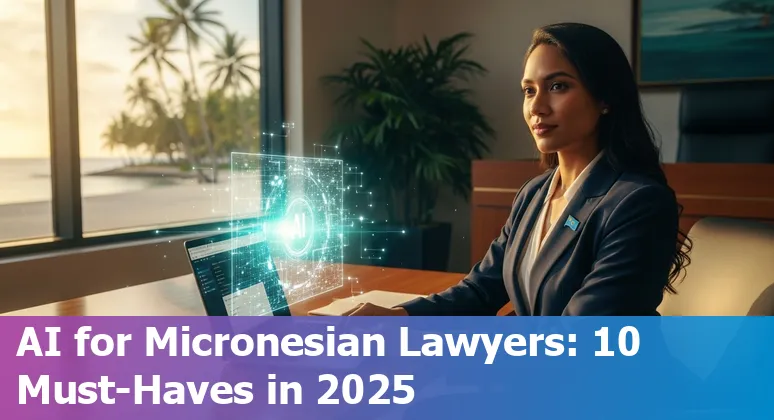 Micronesian lawyer using AI legal tools on a laptop with icons for Casetext, Clio, Lexis+ and ChatGPT visible