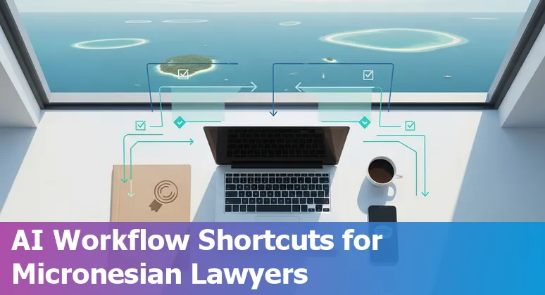 Illustration of a Micronesian lawyer using AI prompts on a laptop with an island map overlay