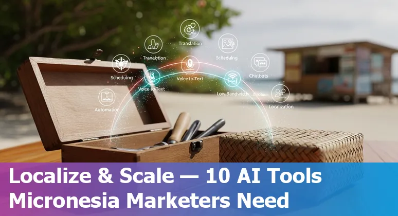 Micronesia marketer using AI tools on a laptop with island scenery in the background