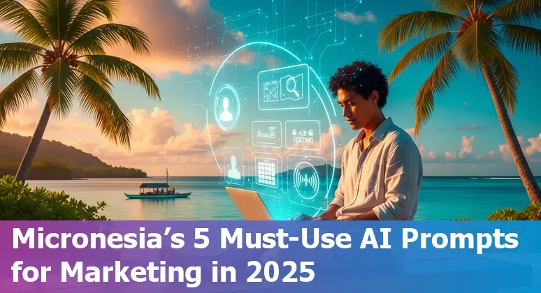 Marketing professional in Micronesia using AI prompts on a laptop with a map of the Federated States of Micronesia.