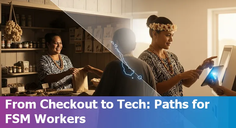 Micronesia retail worker using a self-checkout kiosk while a colleague trains on an inventory tablet
