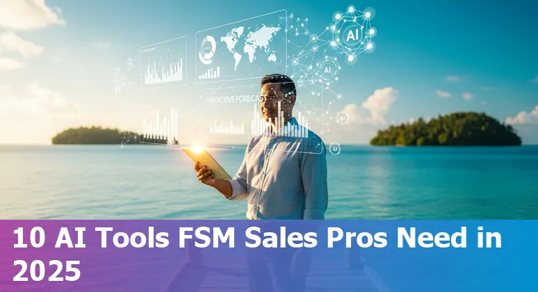 Sales professional in Micronesia using AI tools on a laptop overlooking a tropical island port