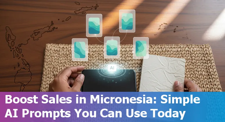 Sales professional in Micronesia using AI prompts on a laptop with an island map background