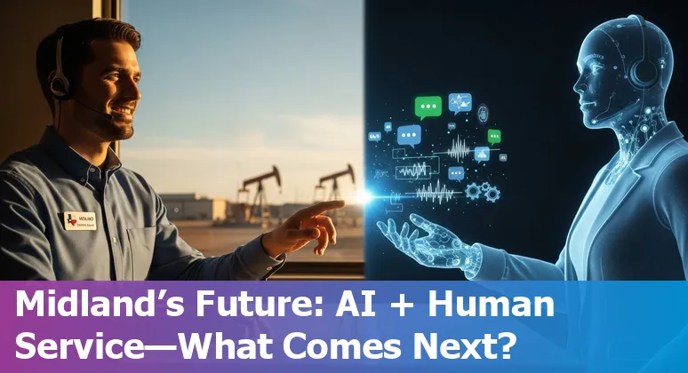 Customer service rep and AI chat on screen with Midland, Texas skyline — hybrid support in Midland, TX
