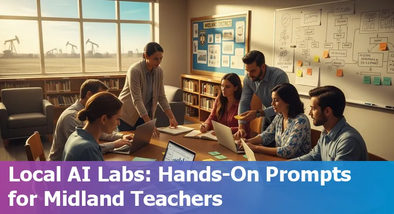 Teacher using AI tools on a laptop while students collaborate in a Midland, Texas classroom