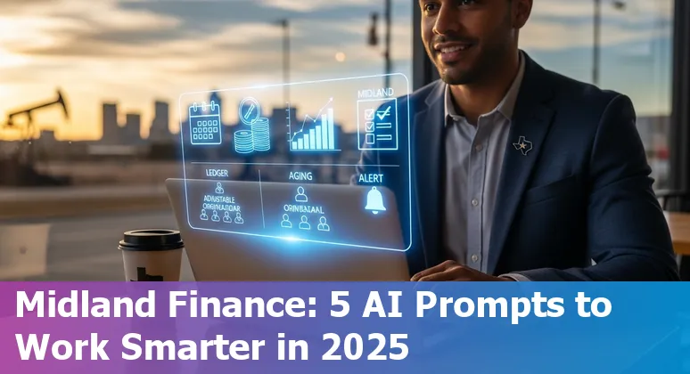 Finance professional in Midland, Texas using AI prompts on a laptop showing cash flow and AR aging dashboards.