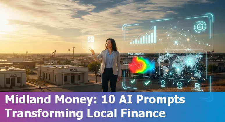 Financial services professionals in Midland, Texas reviewing AI prompts and use cases on a laptop with Midland skyline in background.
