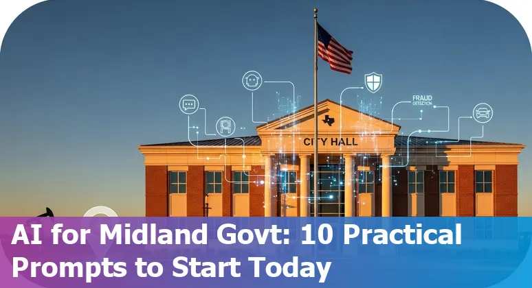 City government official reviewing AI prompts and use cases on a laptop with Midland, Texas skyline in the background