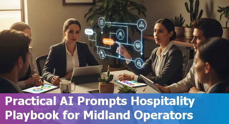 Hotel front desk agent using AI voice assistant on tablet with Midland, Texas skyline in background.