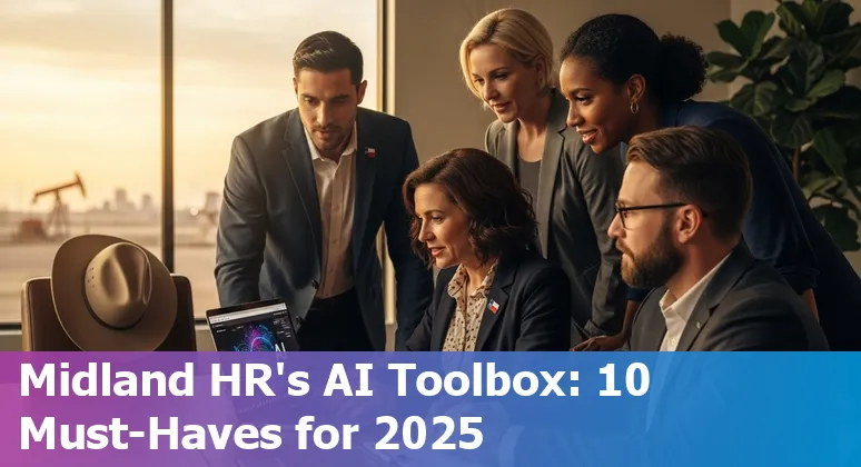 Midland HR professionals using AI tools like HireVue, Paradox, and Degreed on laptops in an office setting.