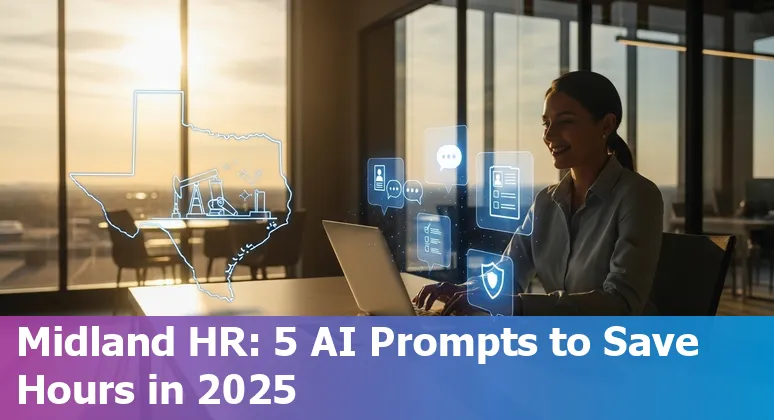 HR professional in Midland, Texas using AI prompts on a laptop to draft job descriptions and onboarding plans.