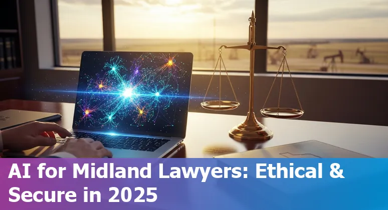Midland, Texas lawyer using AI tools on a laptop with courthouse in background