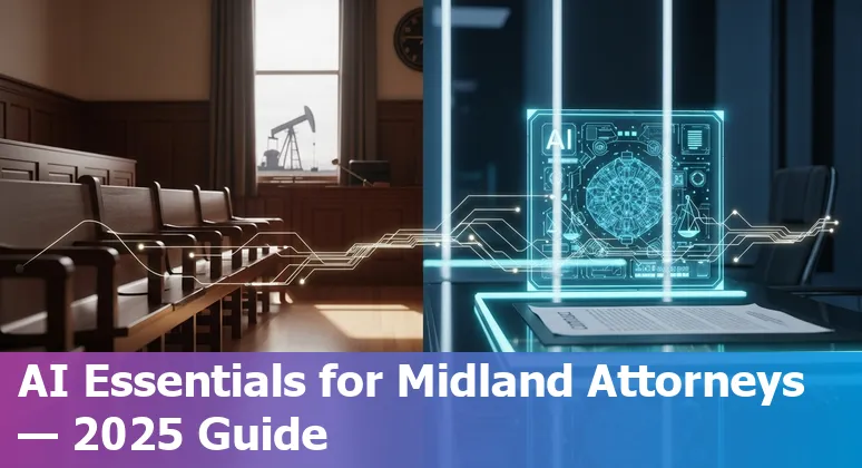 Midland, Texas lawyer at desk using AI legal tools on laptop with court documents and contract clauses.