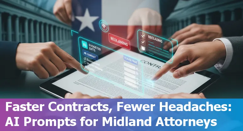 Midland, Texas legal team using AI prompts on a laptop for contract review and compliance.