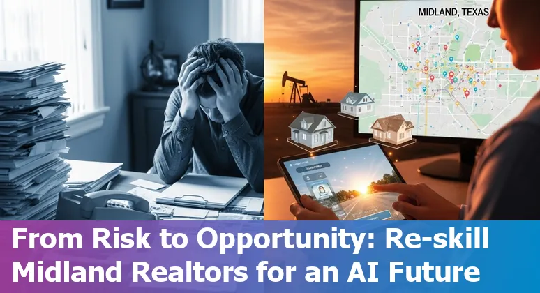 Midland, Texas skyline with real estate icons and AI automation symbols.