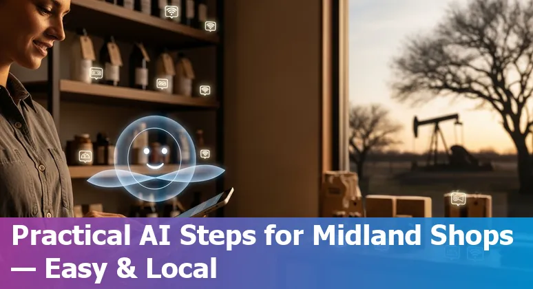 Retail AI implementation in Midland, Texas in 2025 showing store, AI tools, and local skyline