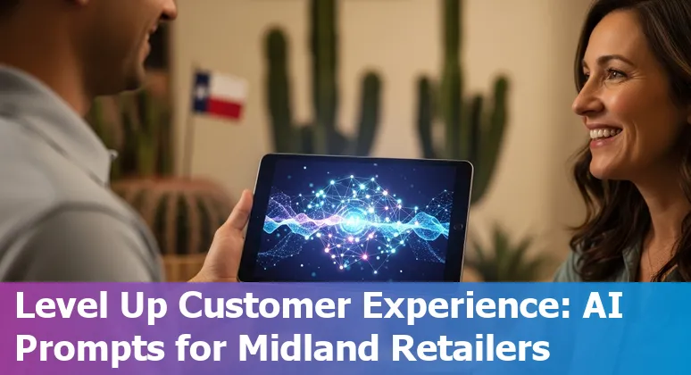 Midland Texas retail store with AI icons showing inventory, chatbot, AR try-on, and analytics dashboard