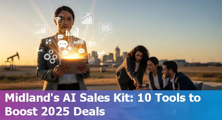 Midland Texas sales rep using AI tools on laptop in oilfield setting, icons for iovox, Copy.ai, Potion, Unify, Reply.io, Zapier, Clay, InsightSquared, Crayon, Coworker.ai.