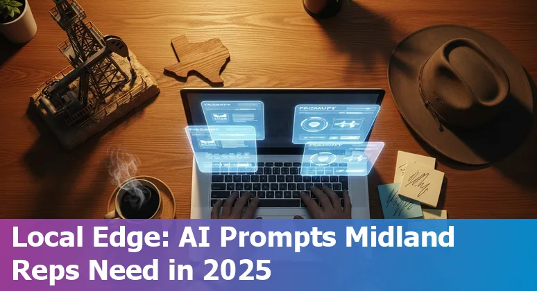 Sales professional in Midland, Texas using AI prompts on a laptop for cold emails and LinkedIn outreach.