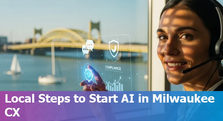 Customer service agent using AI tools in Milwaukee, Wisconsin skyline visible — 2025 guide image