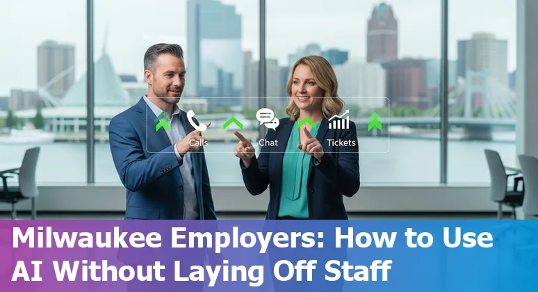Milwaukee, Wisconsin customer service team using AI tools in an office with Milwaukee skyline visible