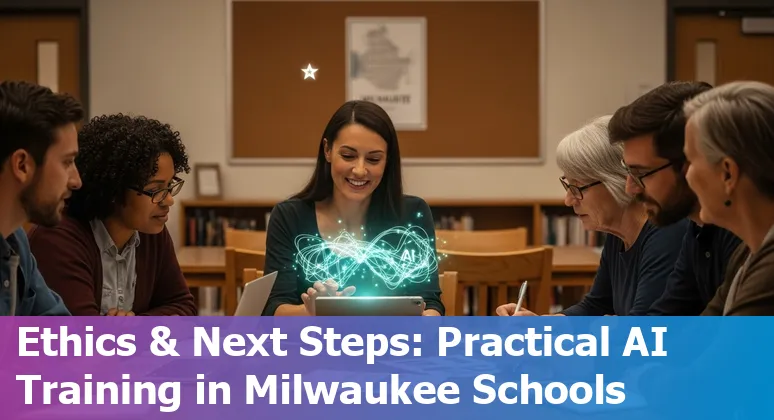 Educators in Milwaukee, WI discussing AI in a classroom on laptops — 2025 guide image