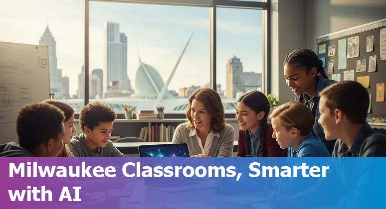 Educators using AI tools in a Milwaukee classroom with icons for ChatGPT, Copilot, Summerfest Tech and local training resources