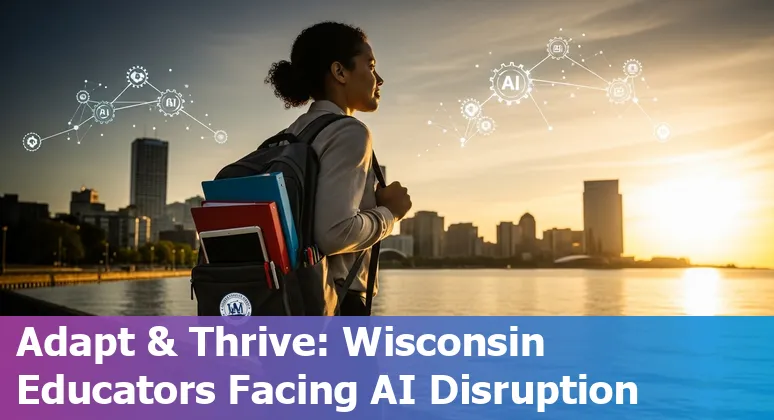 Milwaukee educator using AI tools with school buildings in the background, representing job risk and adaptation