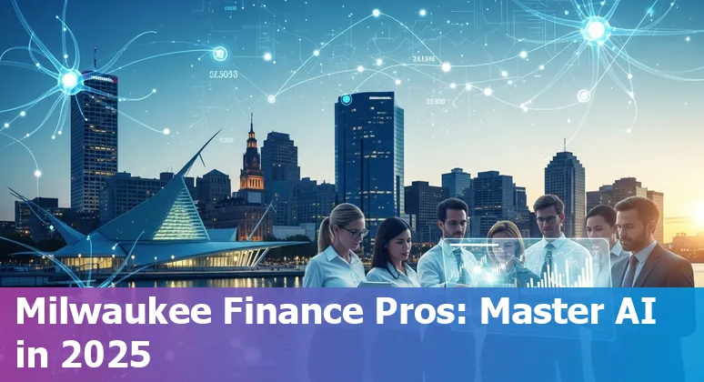 Finance professional using AI dashboard in Milwaukee, Wisconsin with UW–Milwaukee campus and Milwaukee skyline in background