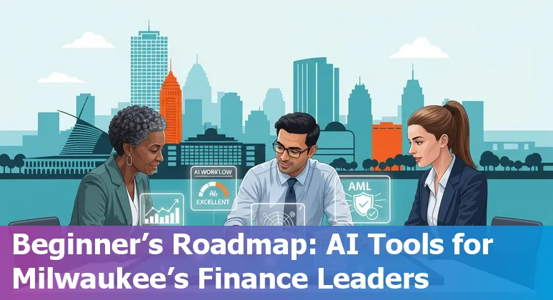 Milwaukee finance professionals using AI tools for forecasting, compliance, and reporting with city skyline in background.
