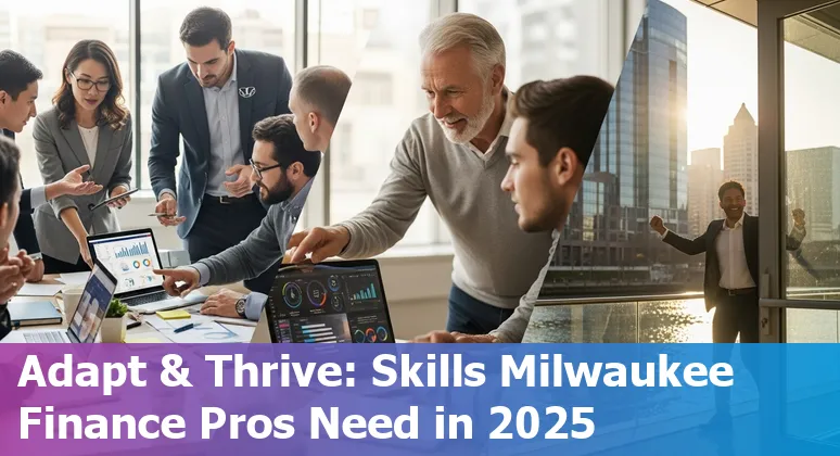 Milwaukee, Wisconsin finance team working with AI tools — local skyline visible; image shows collaboration and learning.
