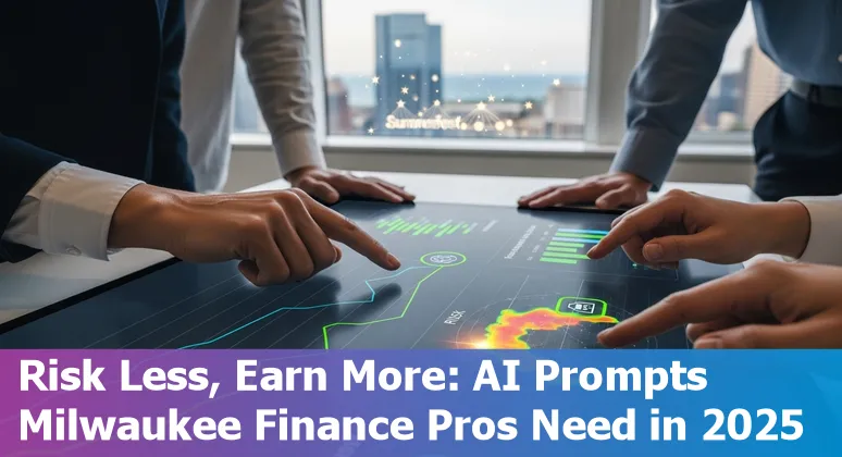 Milwaukee finance professional working with AI prompts on a laptop, Summerfest Tech poster in background