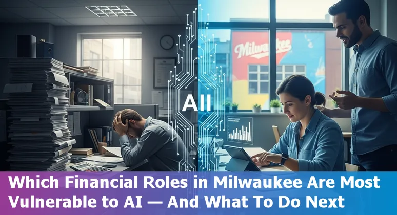 Milwaukee skyline with financial icons and AI/robot overlay representing AI risk to finance jobs