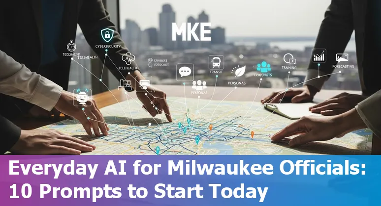 Milwaukee skyline with AI icons overlay representing government use cases like transit, health, cybersecurity, and environment.