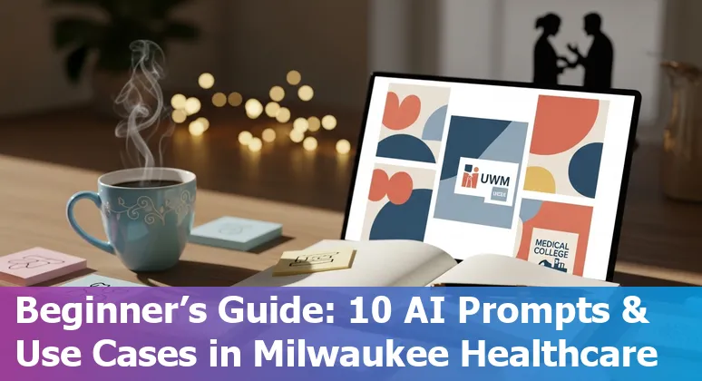 Illustration of AI in Milwaukee healthcare showing EHR data, telemedicine, voice assistants, and Summerfest Tech skyline.