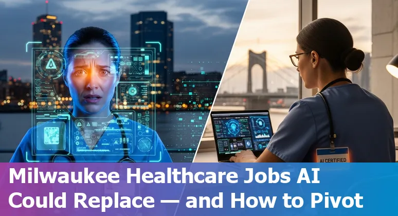 Healthcare workers in Milwaukee discussing AI and retraining options with city skyline in background