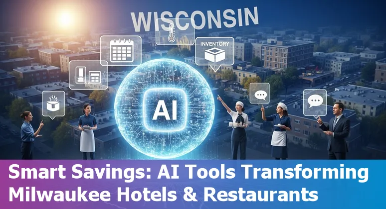 Hotel staff and AI dashboard in Milwaukee, WI hotel showing energy and revenue savings