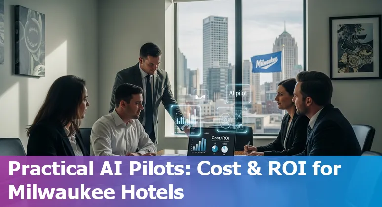 Hotel lobby with AI kiosk and Summerfest skyline in Milwaukee, WI — AI in hospitality 2025