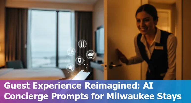 Hotel staff using AI dashboard with Milwaukee skyline in background
