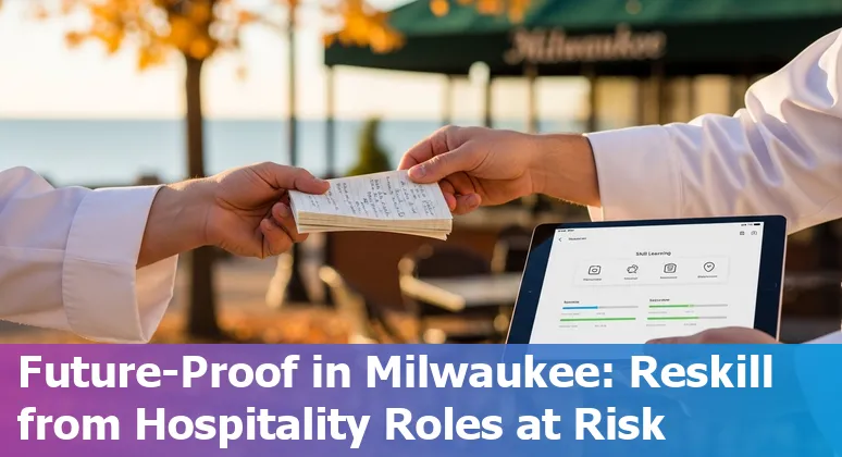 Milwaukee hotel front desk with AI icons overlay showing automation risks and career upskilling options